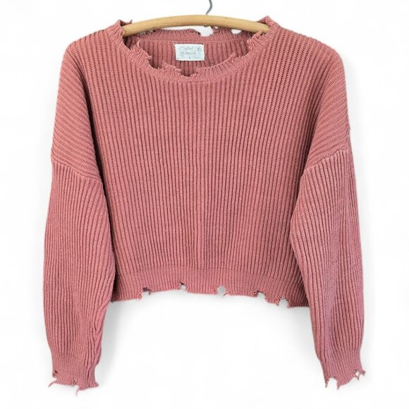 Poof Apparel Sweaters - Cropped Distressed Pink Knit Sweater Poof Apparel Ribbed Texture Large